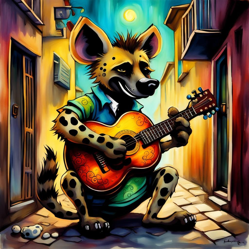 Cartoon Hyena Guitar Serenade in Whimsical Alleyway