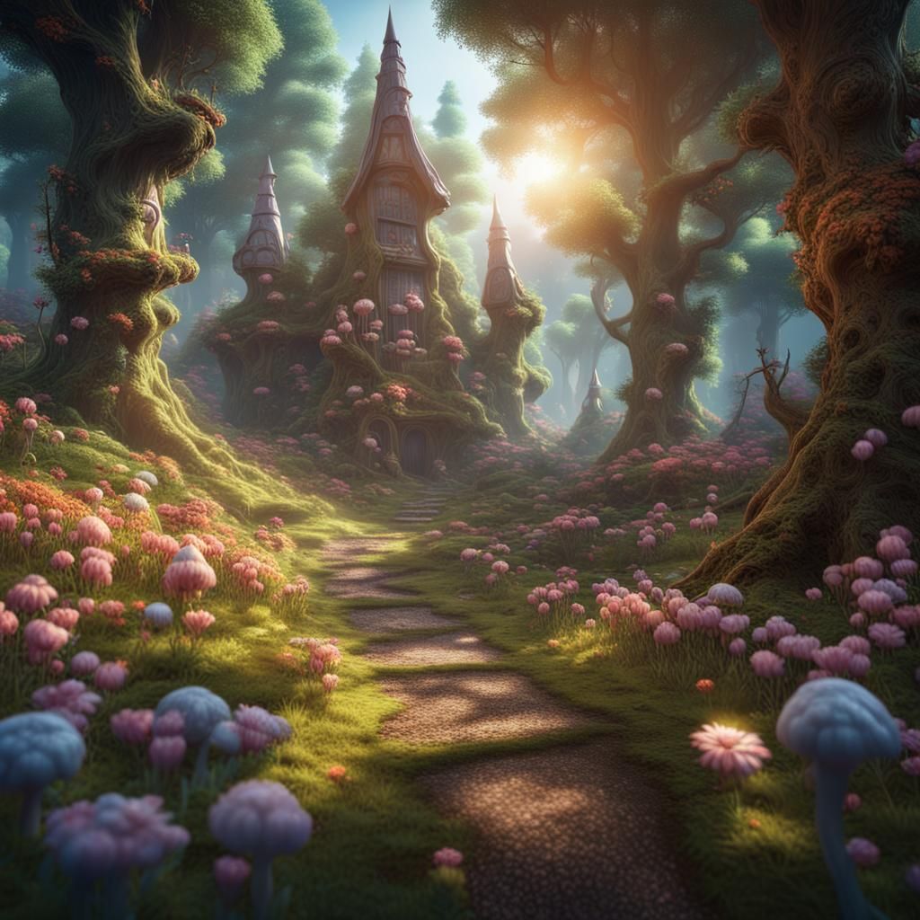 Gnome Village in Fantastical Forest: Detailed Matte Painting