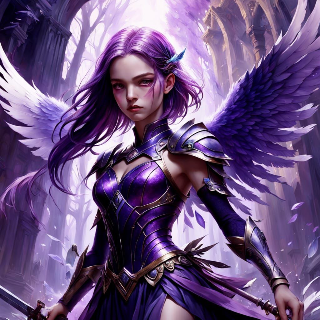 Ethereal Woman with Purple Sword and Wings