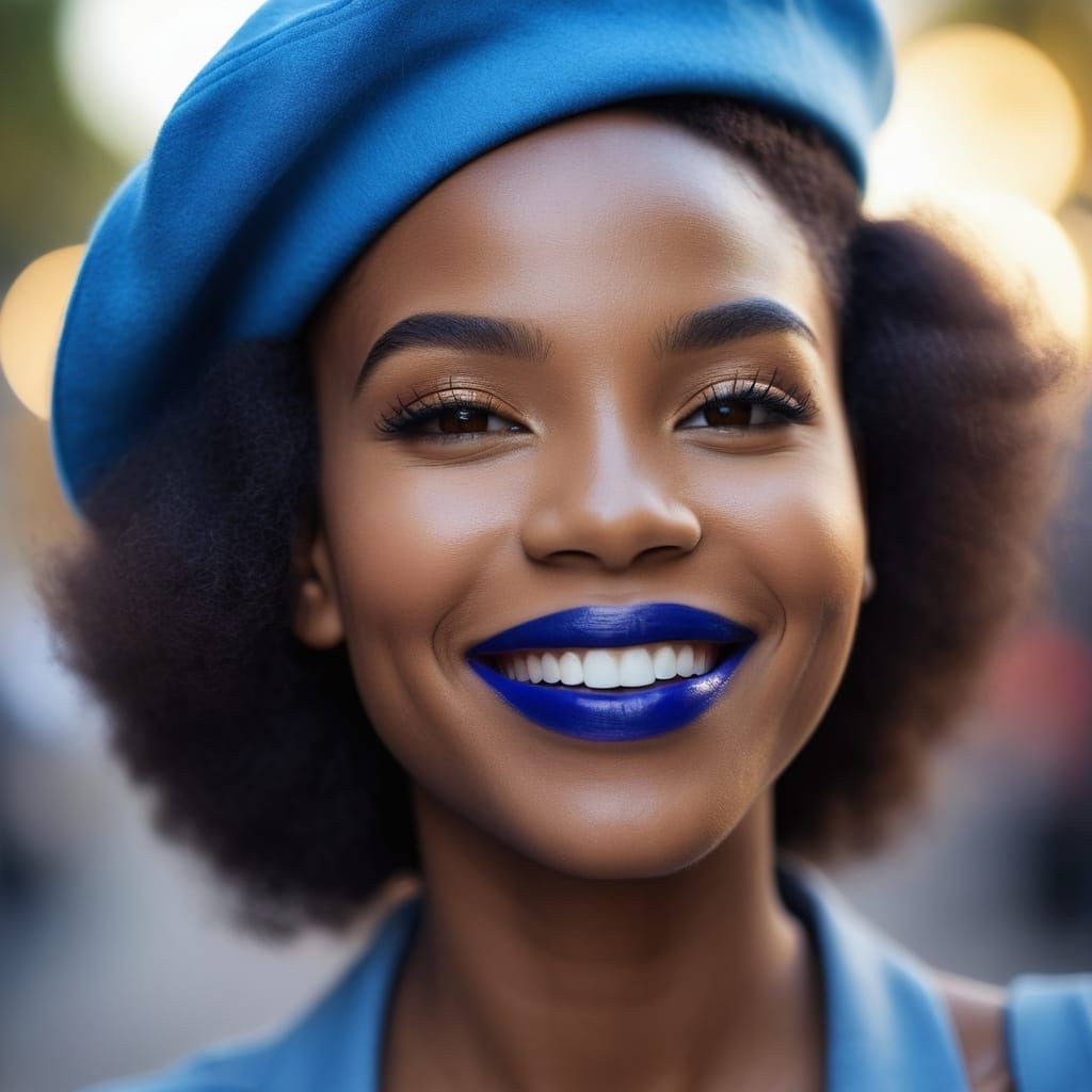 Afro-Brazilian Beauty in Blue Beret and Lipstick
