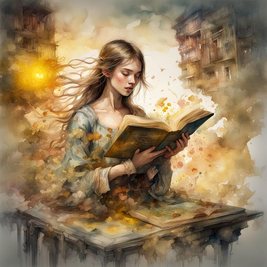 Disintegrating Book with Medieval Battle: Watercolor Art