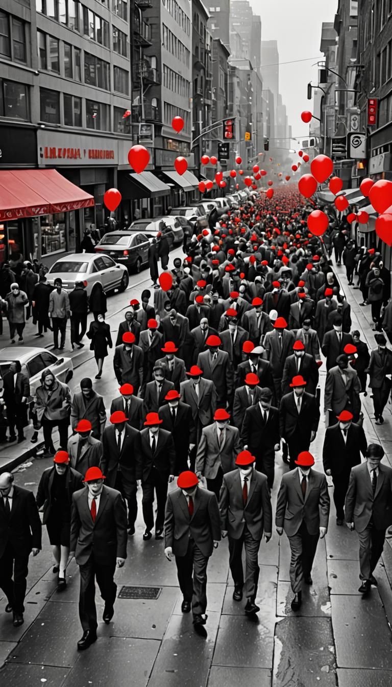 Monochrome Cityscape with Red Clown Shoes