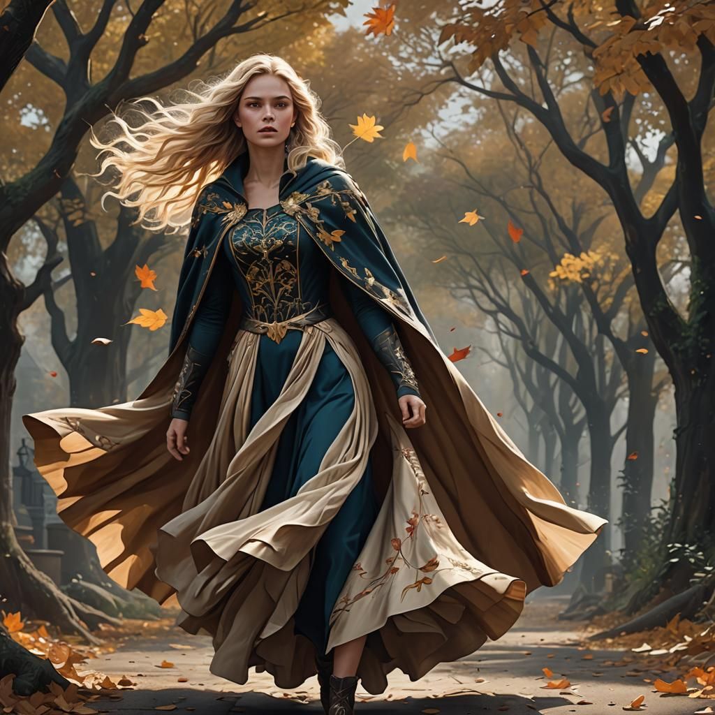 Woman Walking with Wind and Leaves, Matte Painting