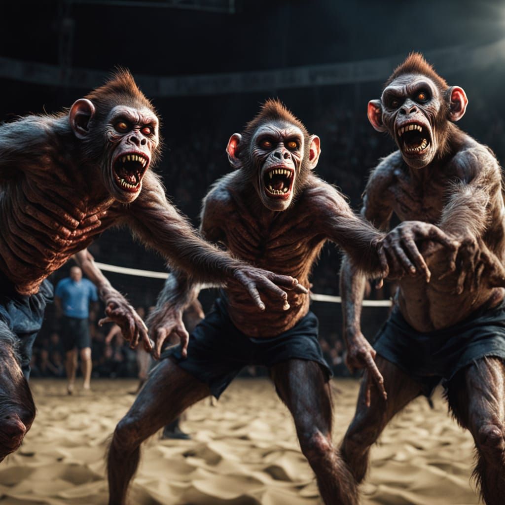 Zombie Monkey Clowns Play Volleyball: Digital Art