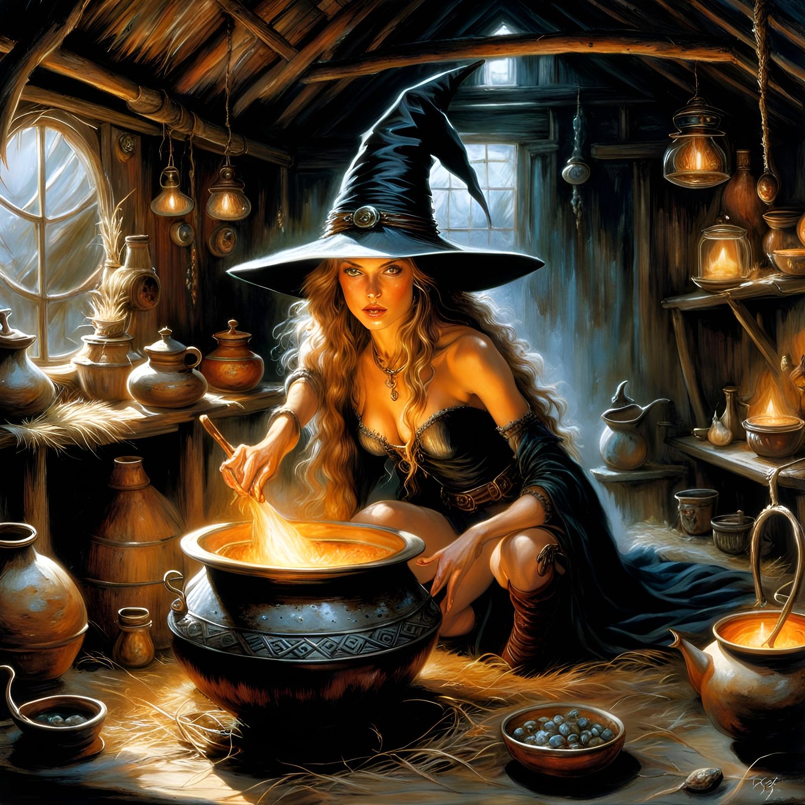 Freckled Witch and Magic Pot in Fairytale Hut