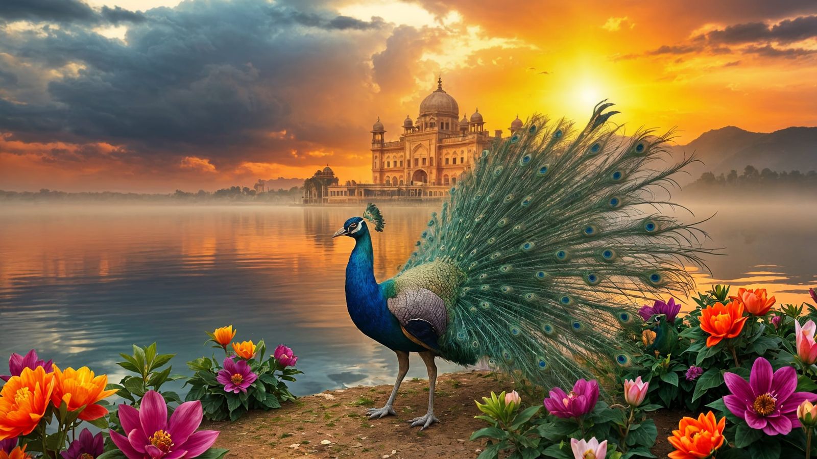 Surreal Peacock Emerges from Stormy Jaipur Sunset