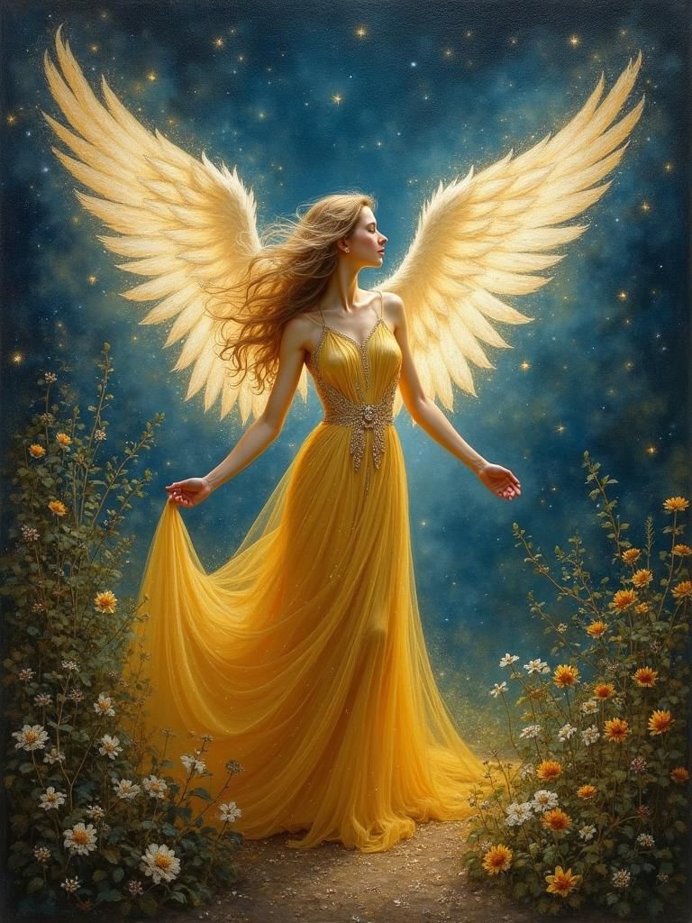 Angel in Starlit Garden with Flowing Gown