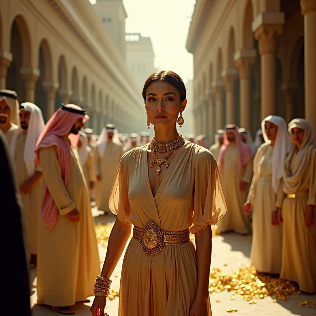 Confident Woman Negotiates Gold Sale in Dubai Marketplace