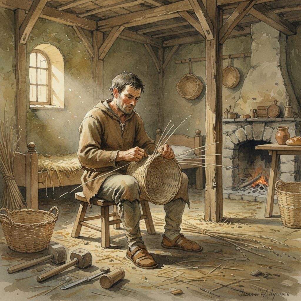 Medieval Basket Maker at Work in Humble Hut