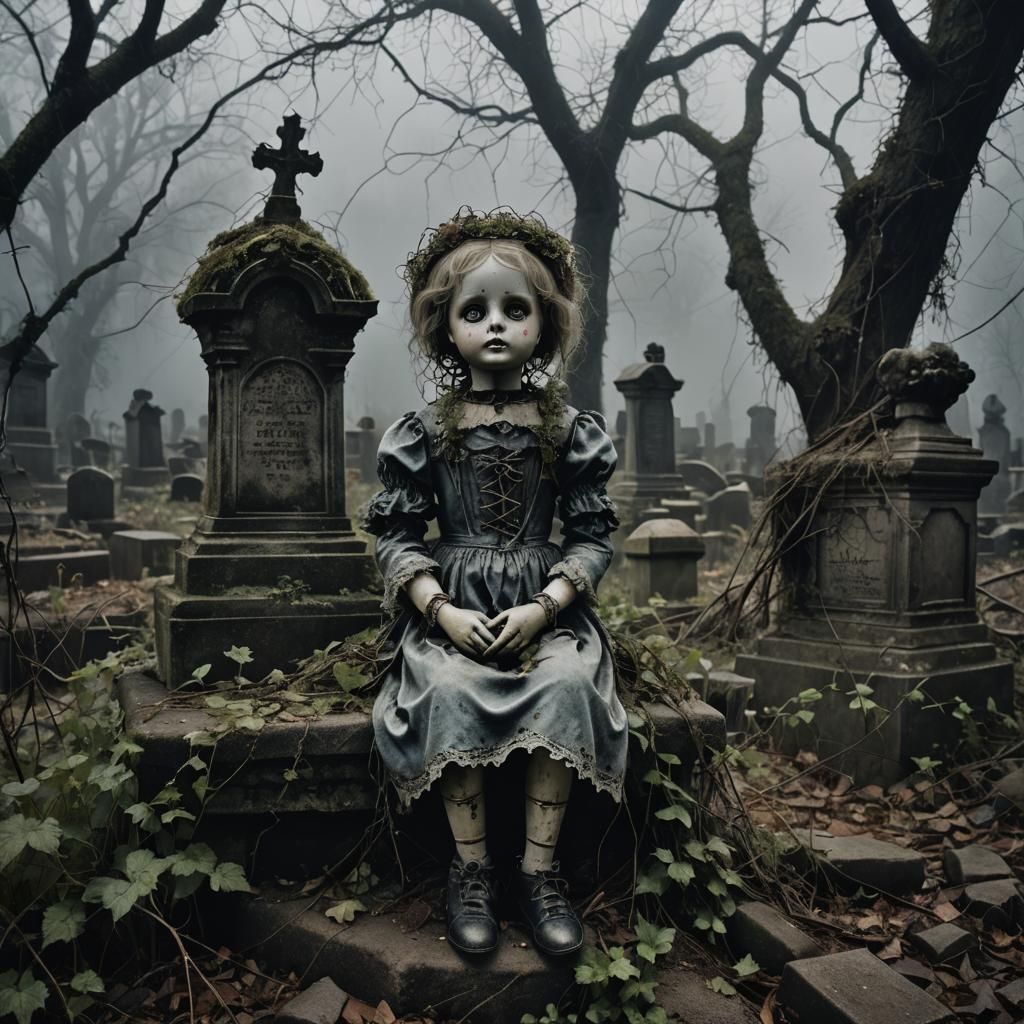 Eerie Porcelain Doll in Abandoned Gothic Graveyard