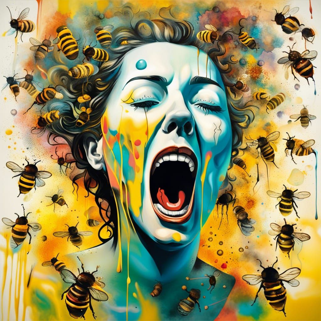 Surreal Screaming Woman with Bees in Graffiti Art