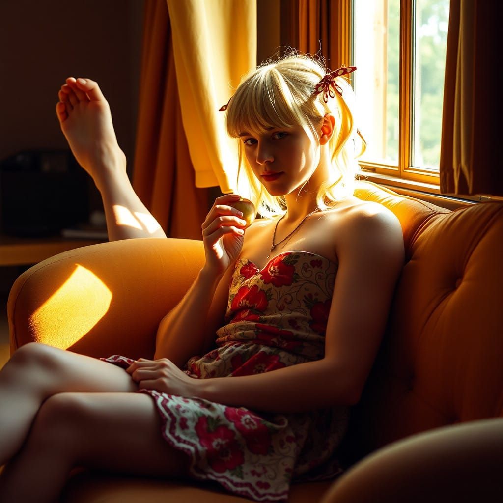Young Man in Summer Dress, Pigtails, and Apple, in Cinematic...
