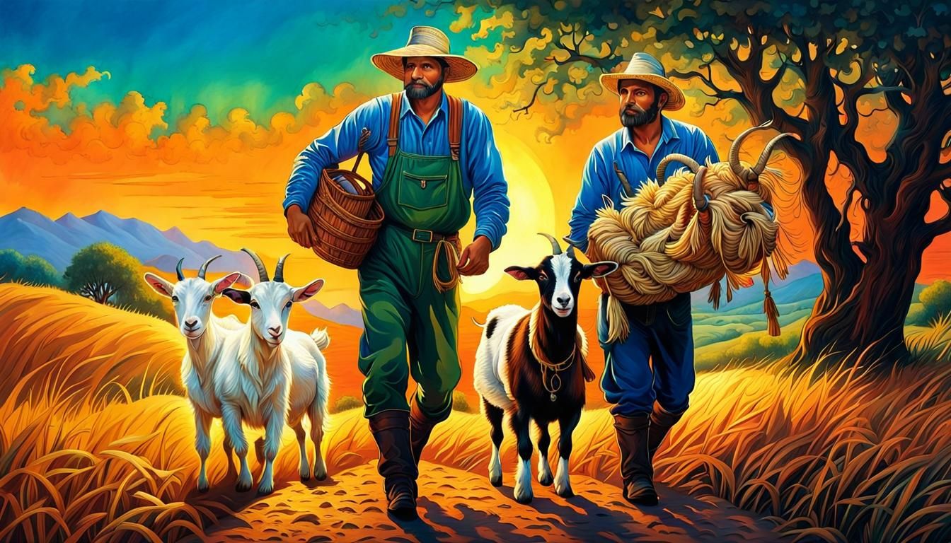 Farmer Carries Goat in Vibrant Digital Illustration