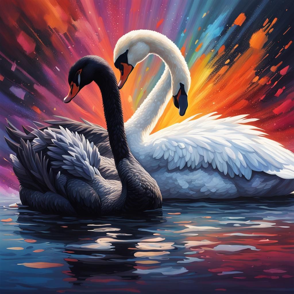 Black Swan and White Swan Embrace: Hyperrealistic Art