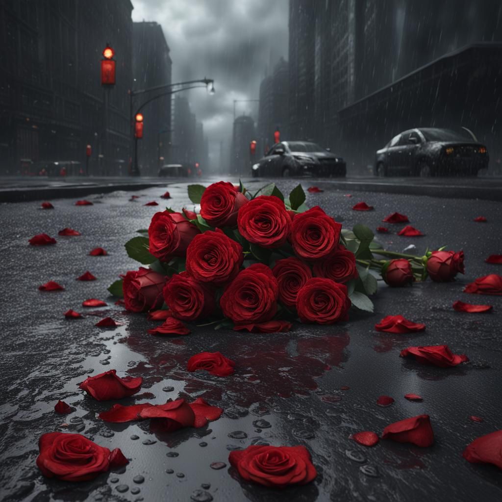 Red Roses Abandoned in Rainy City, Matte Painting