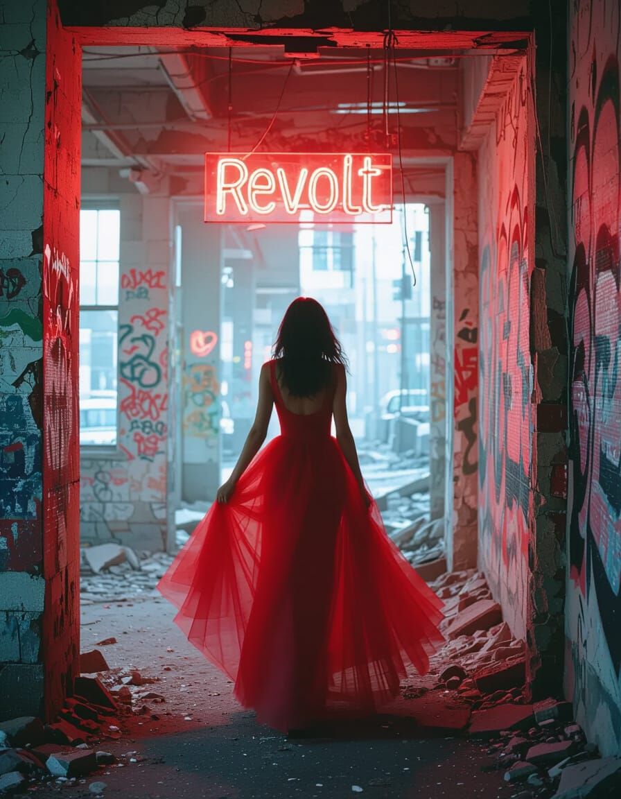 Red Tulle Dress in Gritty Urban Landscape