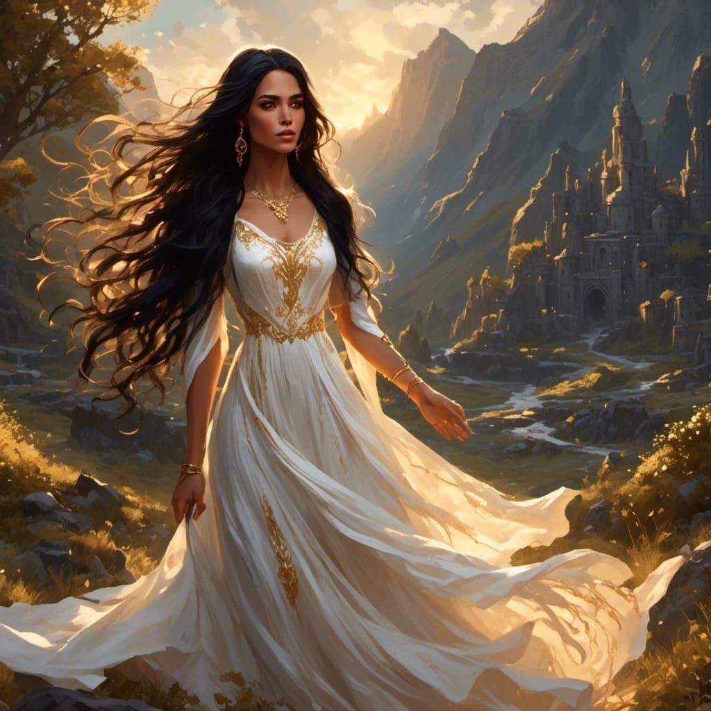 Goddess in Golden Radiance with Long Black Hair