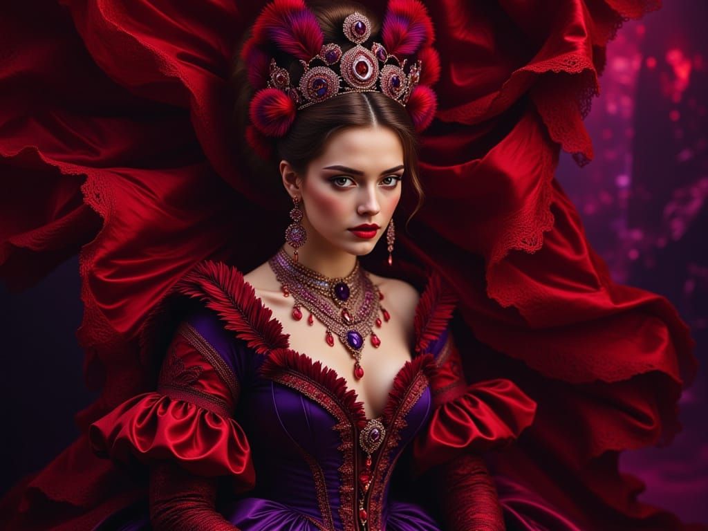 La Duchessa di Volpe, in opulent red and purple fabrics....