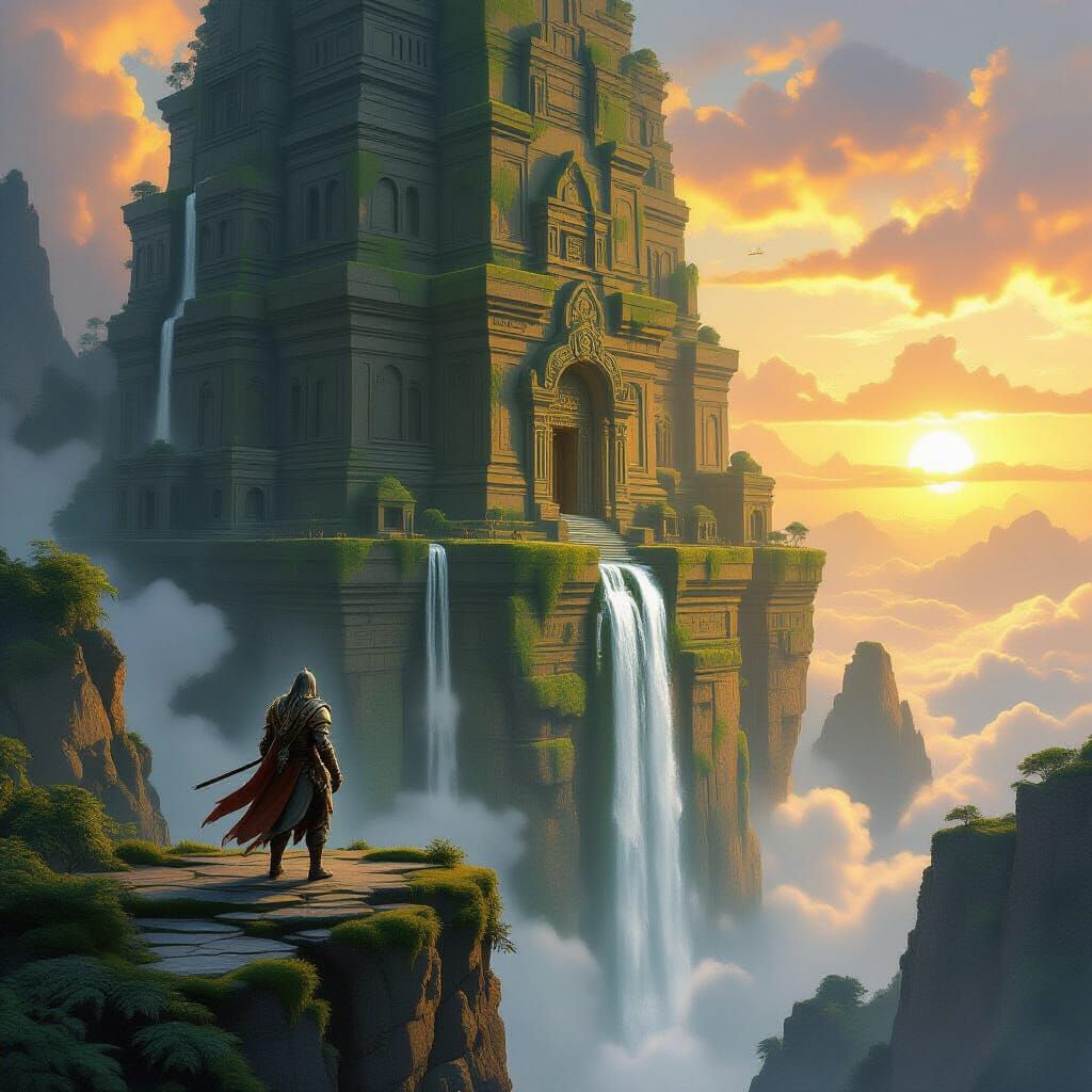 Warrior on Ancient Temple Precipice in Golden Sunset Light
