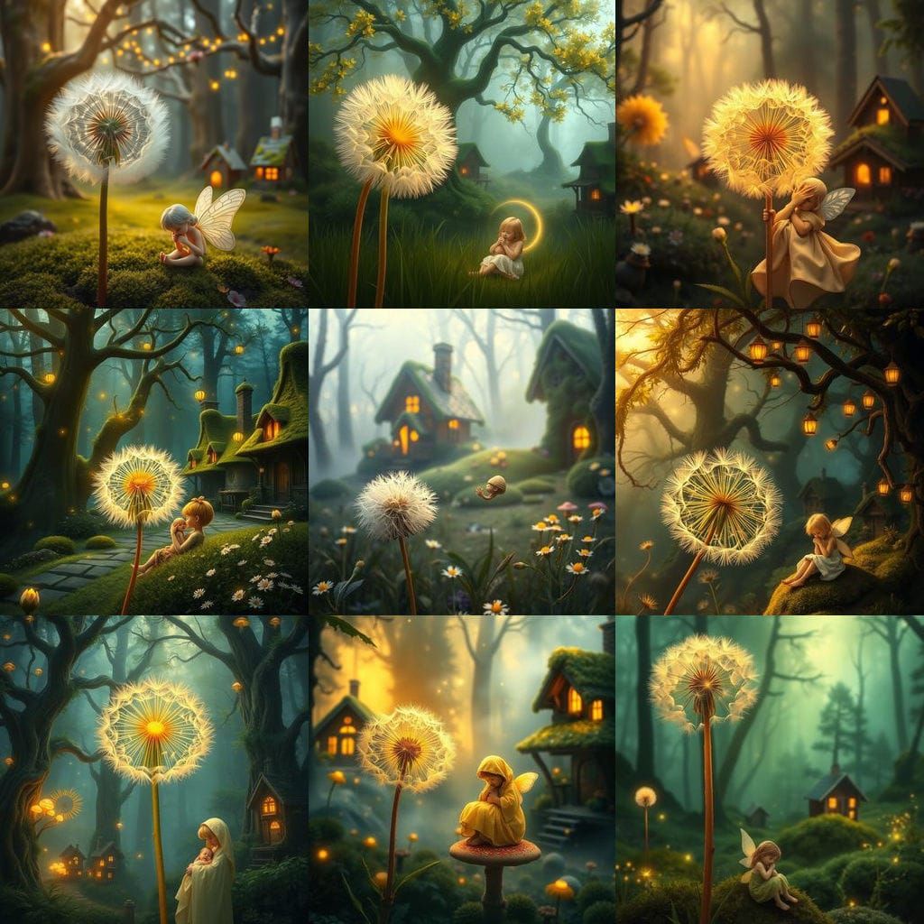 Whimsical Dandelion Scene in a Mystical Forest