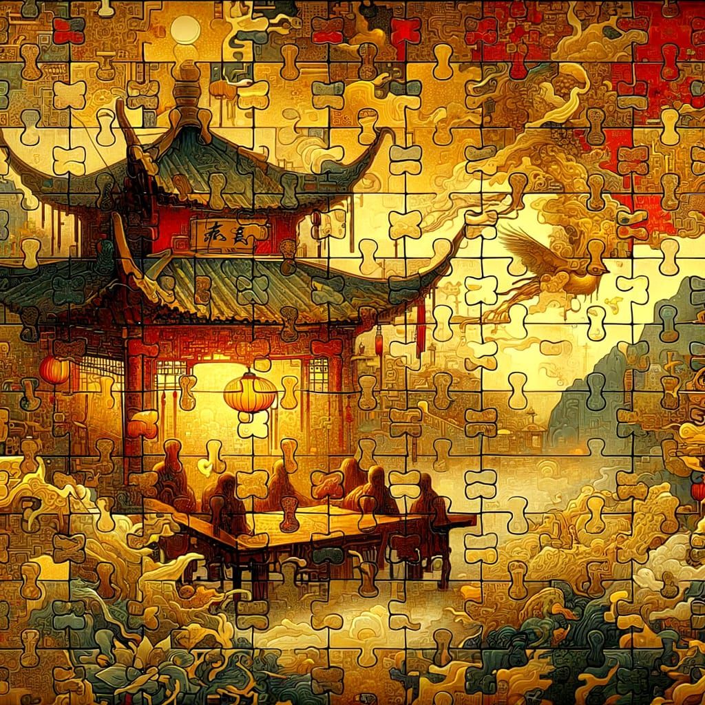 Mysterious Gong'an Scene in Gold and Red Tones