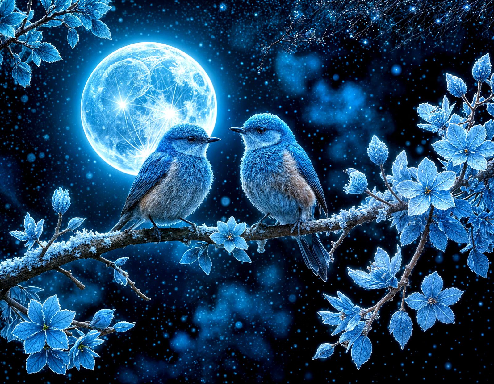 Two small blue birds sit on a frost covered tiny transparent shimmering glowing light blue blue flowers branch against a...