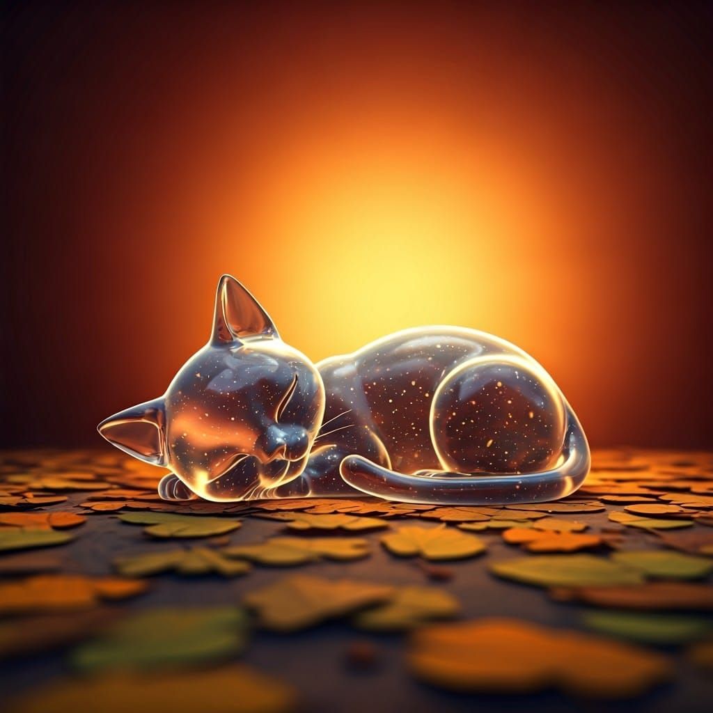 Glass Cat Sleeping in Autumn Leaves