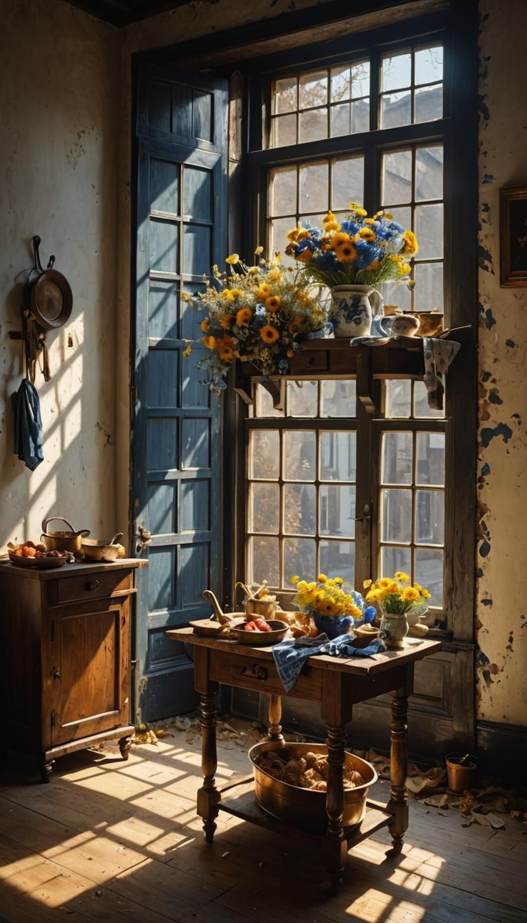 Golden and Delft Blue Flowers by Bright Window