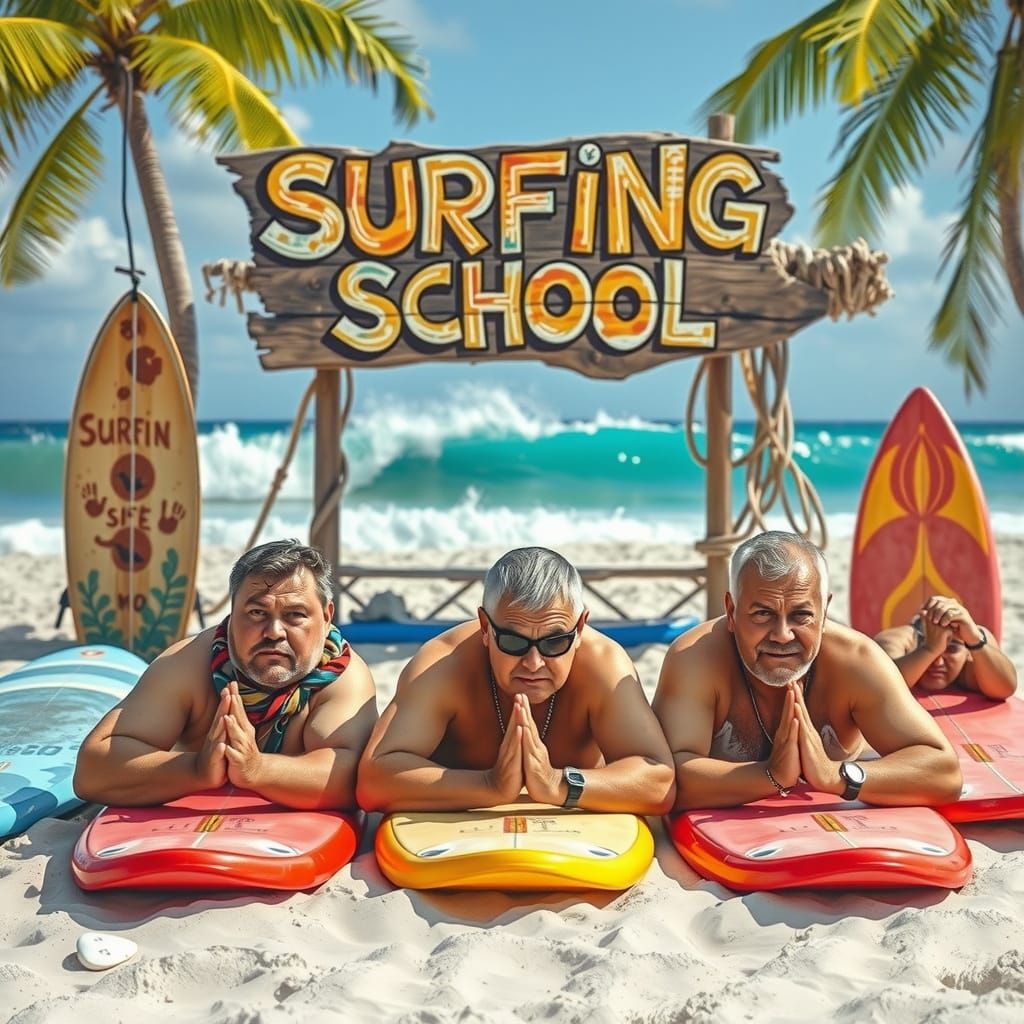 Middle Aged Men Learn to Surf on a Tropical Island