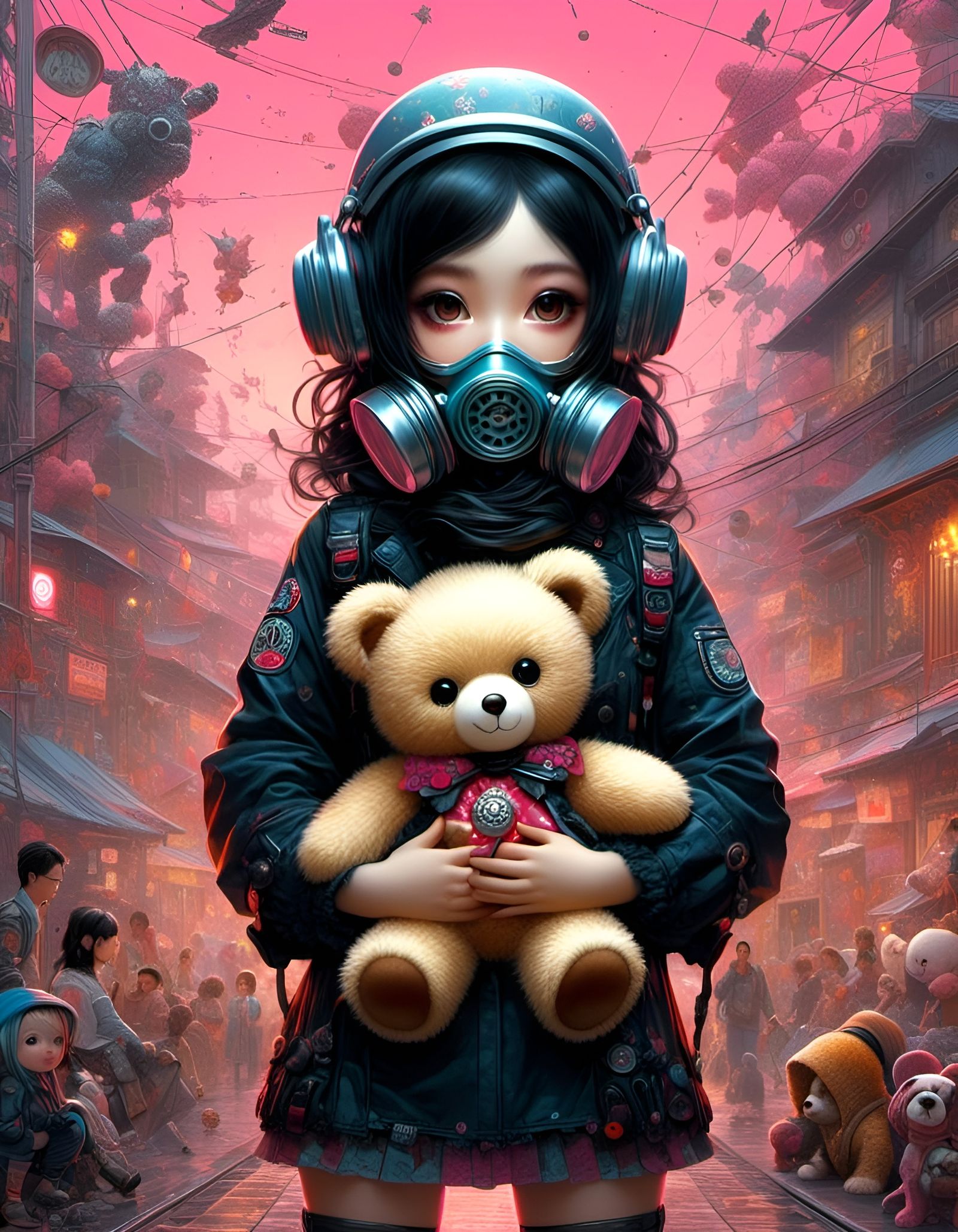 Girl with Teddy Bear in Apocalyptic Anime Style