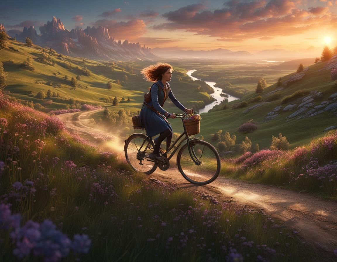 Woman Cycling at Sunrise: Fantastical Matte Painting