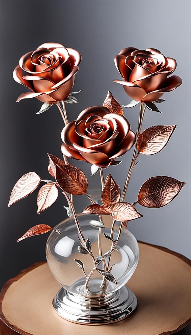 A home decor 3 Dimensional elegant solid copper metal roses, silver brazed & zinc alloy silver base ,each rose hand-made...