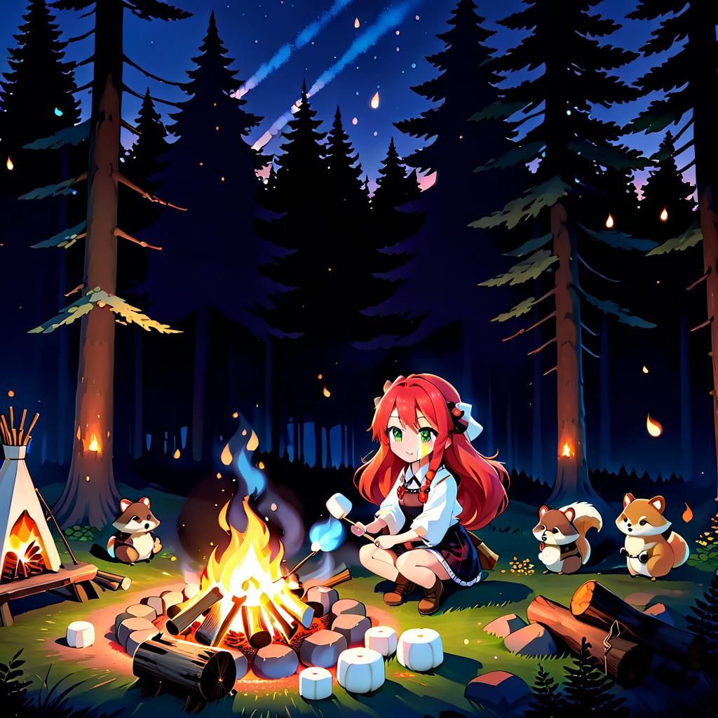 Anime Girl and Tanuki Campfire Scene