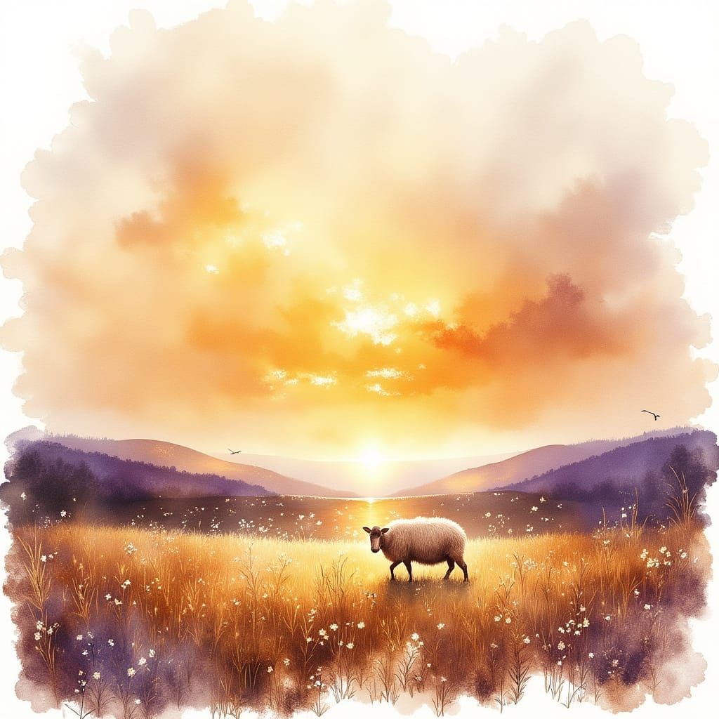 Watercolor Sunrise Over Irish Moorland With Sheep