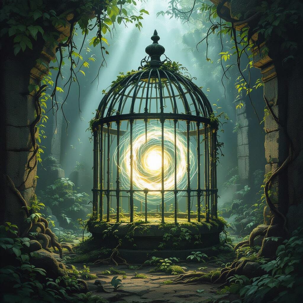 Mossy Birdcage in Ruined Temple with Magic Vortex