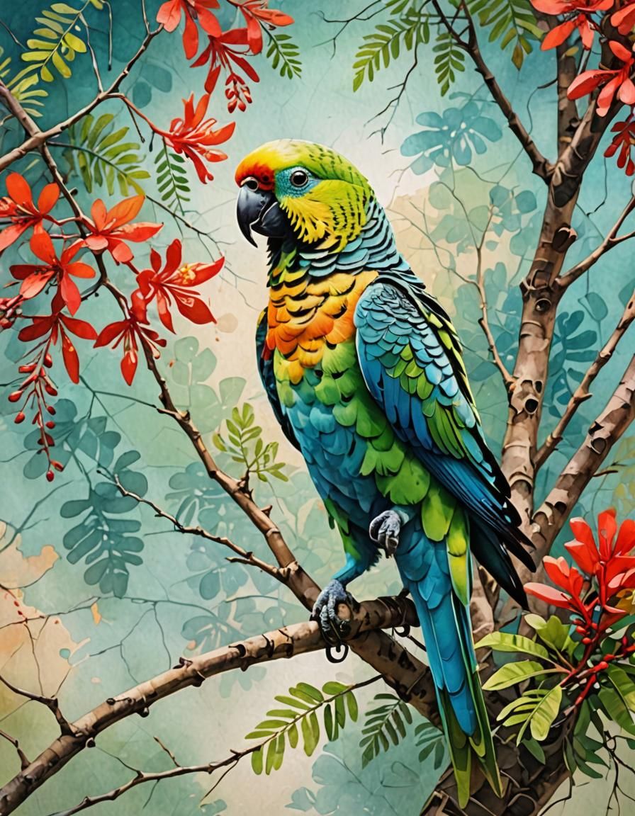 Colorful Parakeet in Watercolor Fantasy Art