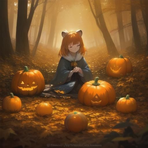 Autumn Scene: Girl Carving Pumpkin in Forest
