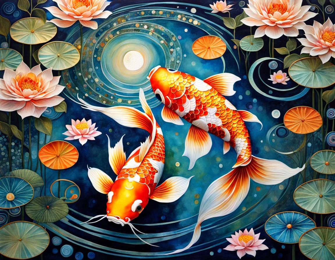 Magical Koi Fish in Moonlit Pond, Klimt-Inspired