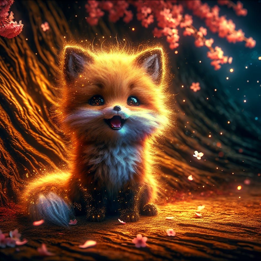 Adorable Fox Cub in Mystical Sakura Setting