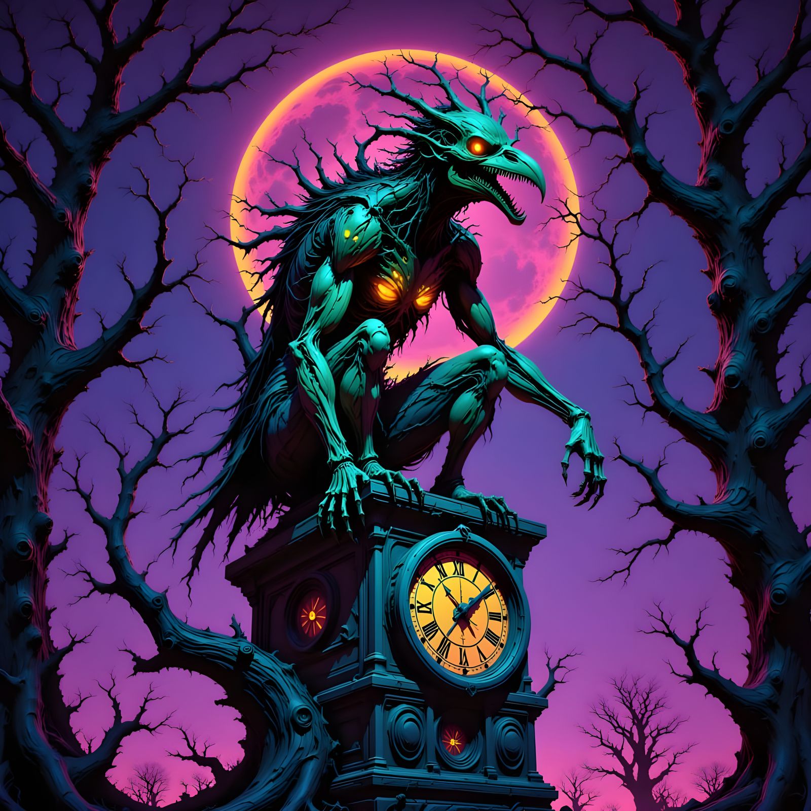 Cybernetic Raven Illuminated by Neon Moonlight