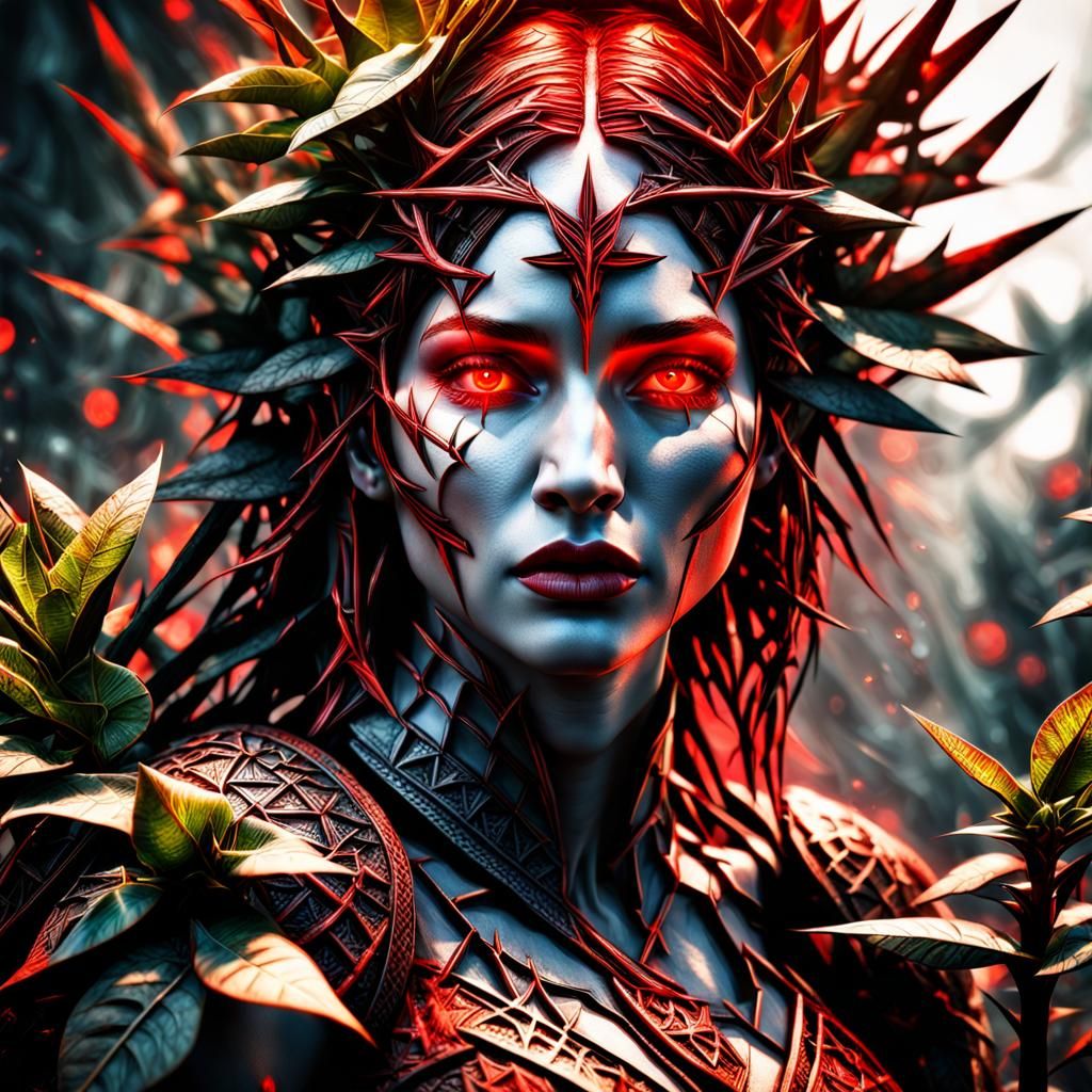 Dystopian Plant Woman with Glowing Runes