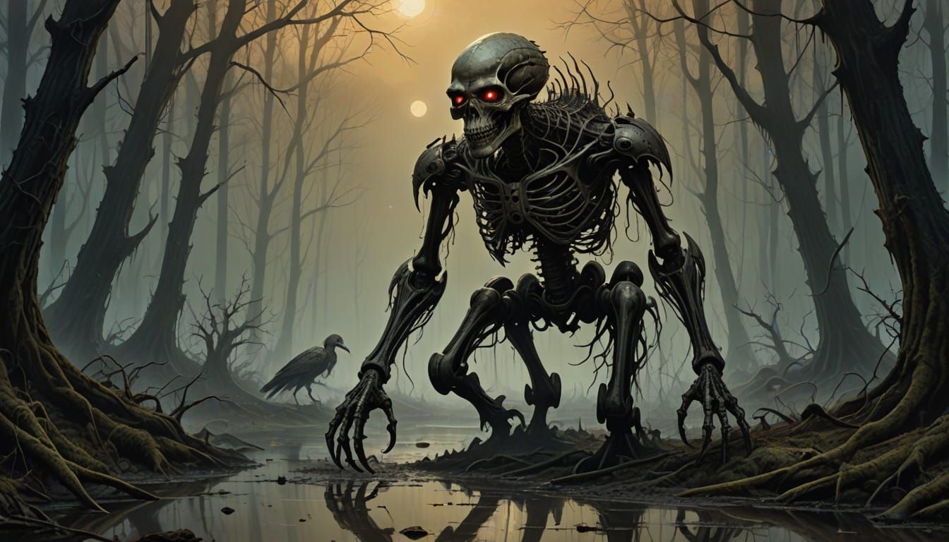 Girl Fleeing from Shapeshifter in Haunted Swamp