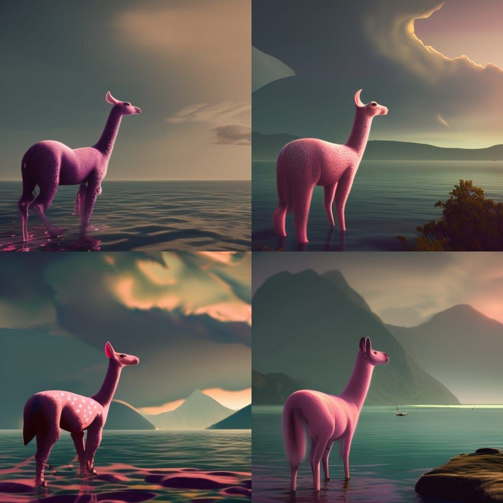Pink Spotted Llama Trotting on Water