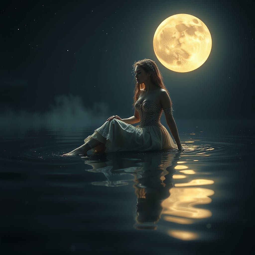 Moonlit Goddess by Water's Edge in Perfect Reflection