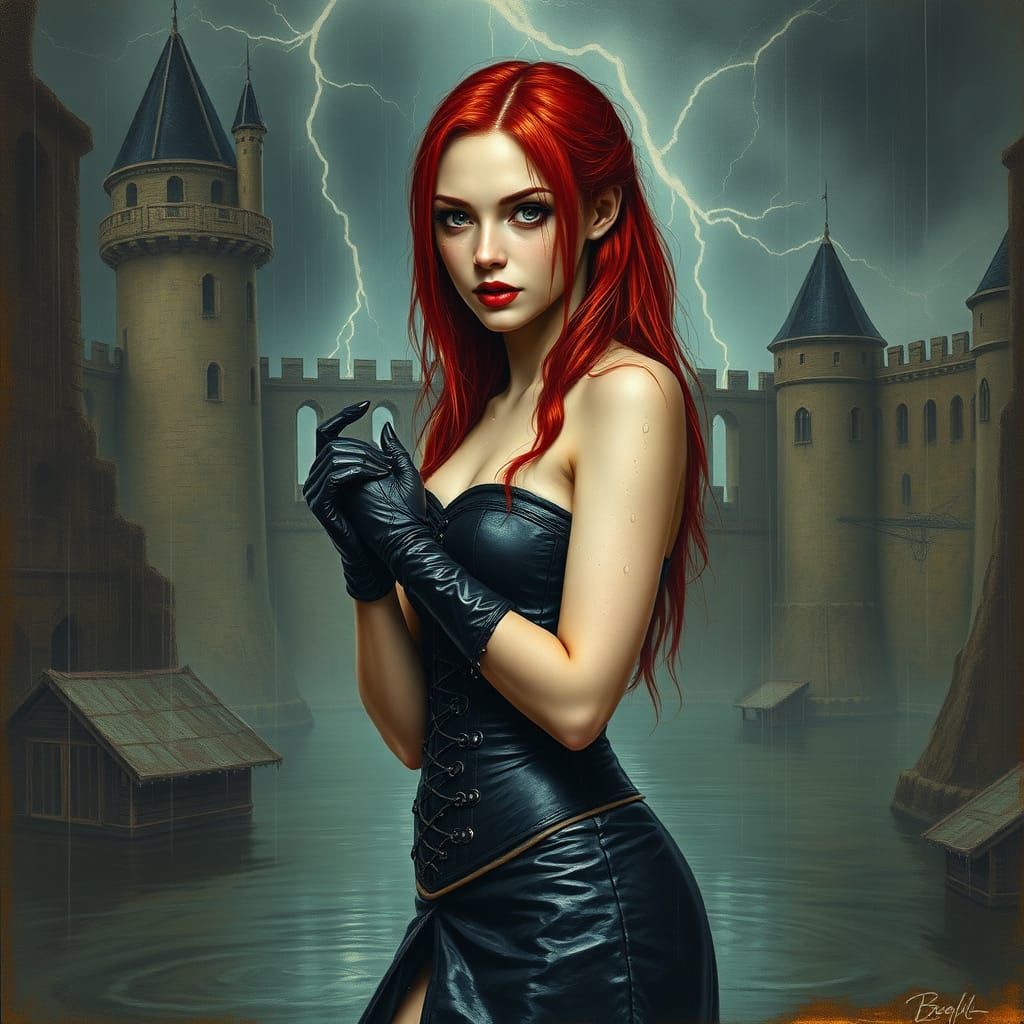Redhead Vampiress at Castle Moat in Expressionist Style