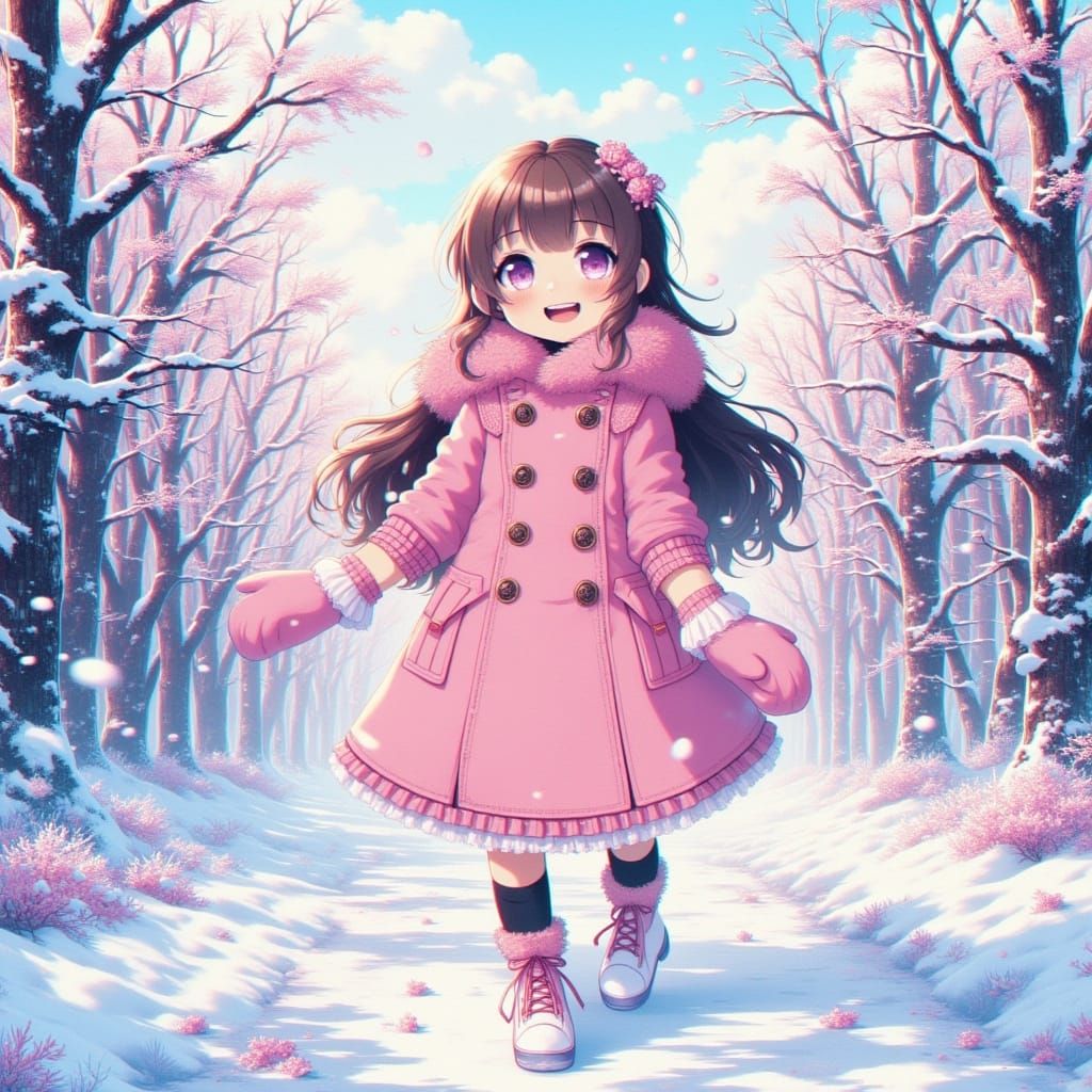 Cute Anime Girl in Winter Landscape, Studio Ghibli Inspired