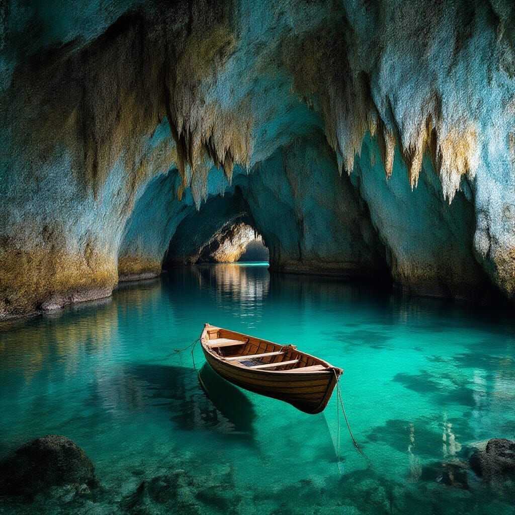 Subterranean Cave System With Turquoise Water and Boat