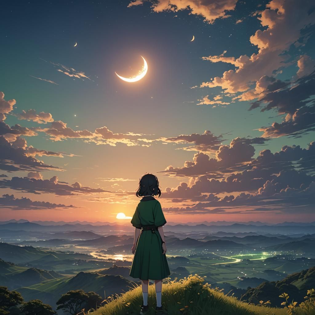 Beautiful Sunset with Crescent Moon in 3D Anime Style