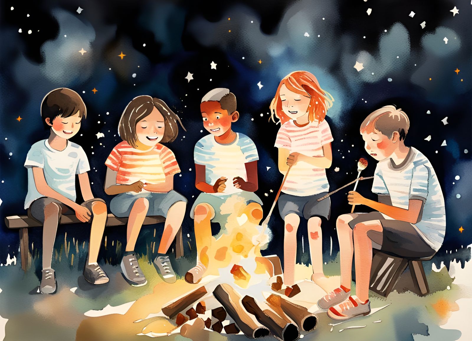 Children Roasting Marshmallows Watercolor Illustration