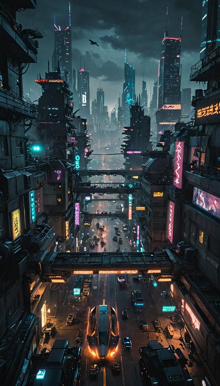 Cyberpunk Cityscape at Night with Flying Vehicles